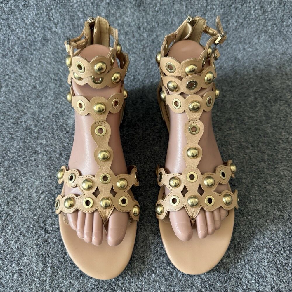 Sam Edelman Desi Studded Gladiator Sandals Beige Leather Scalloped Ankle Strap 8
